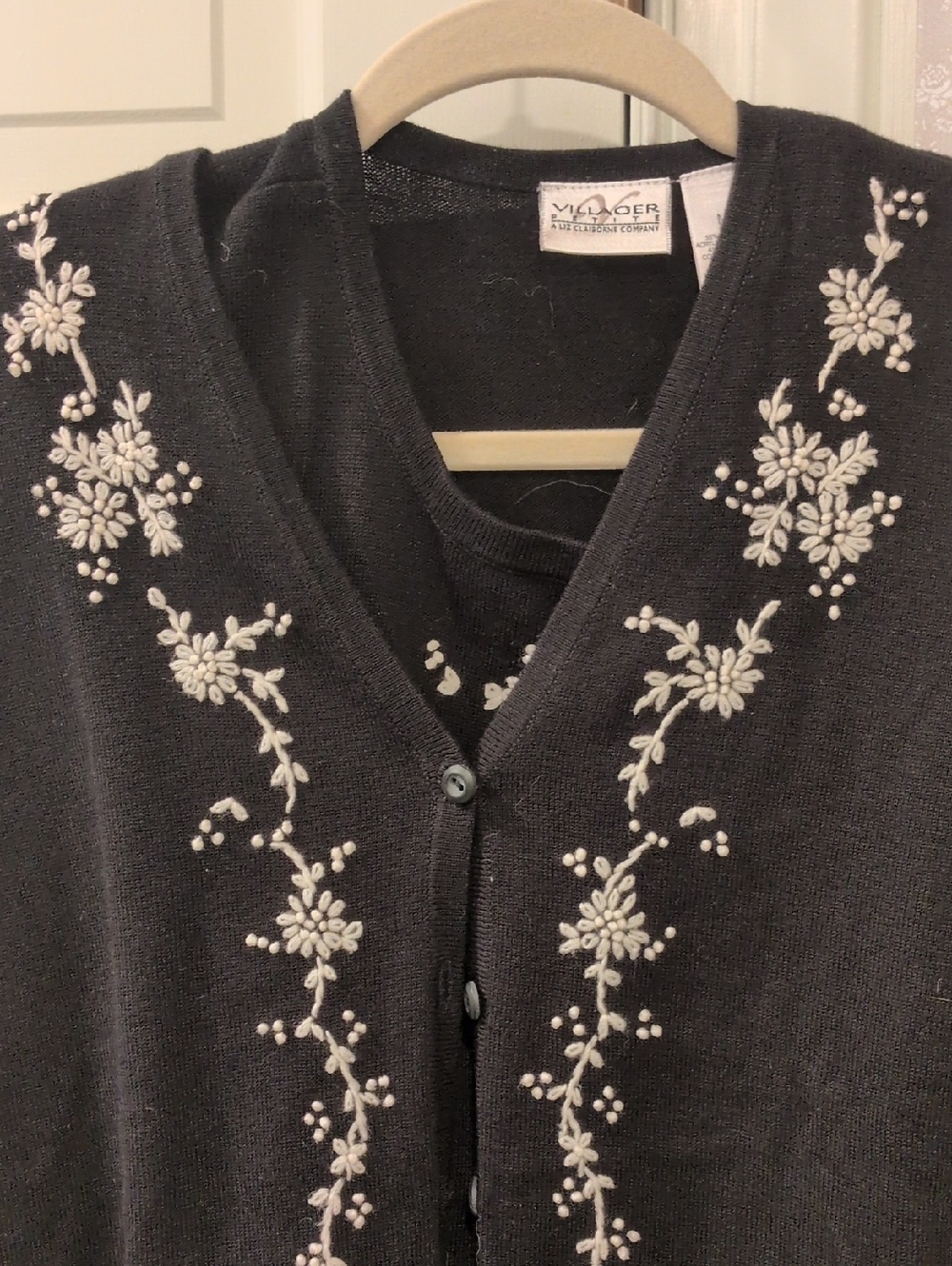 villager Black  Cardigan with White Floral Embroidery Set. With Short S. Sweater
